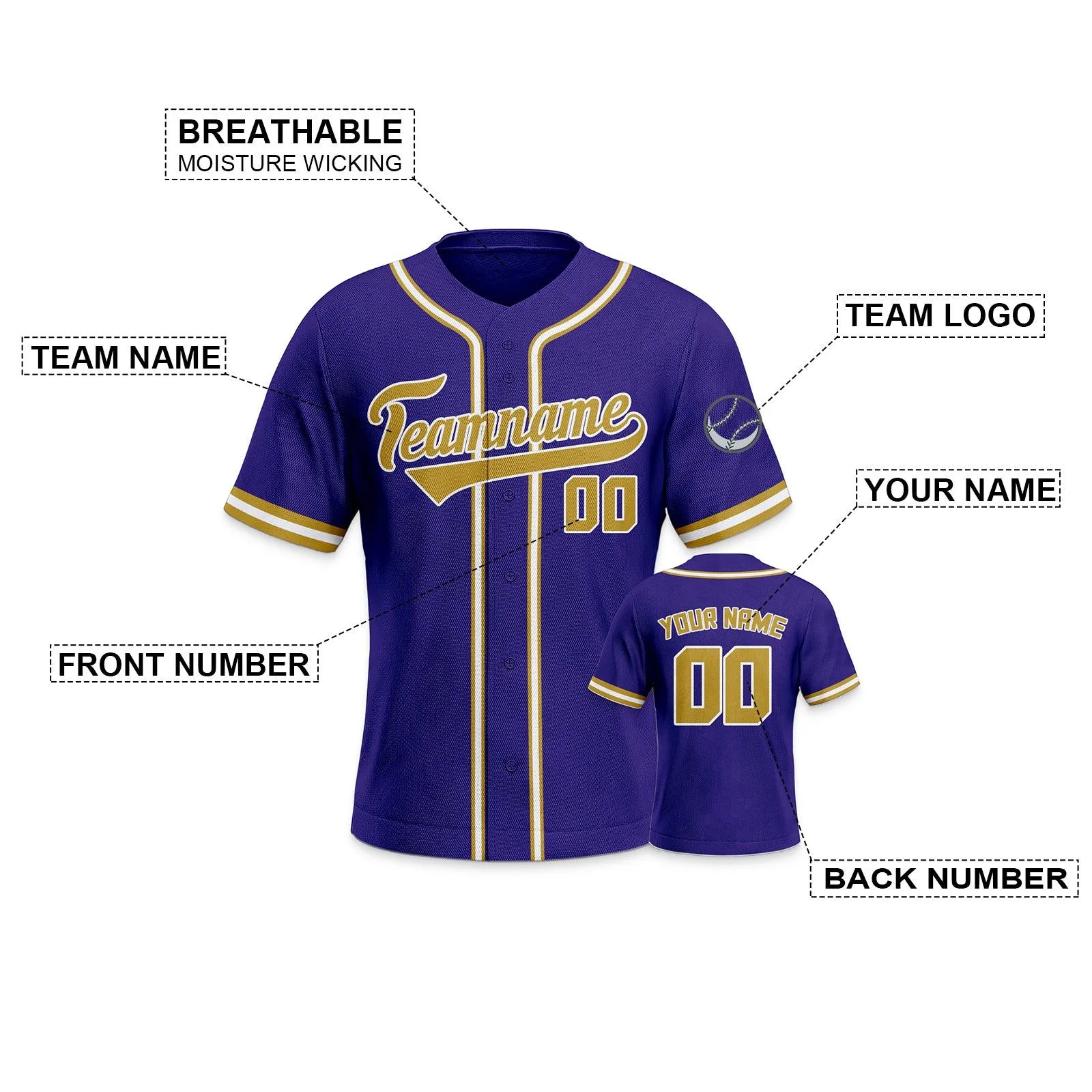 Custom Purple Gold-White Authentic Classic Baseball Jersey