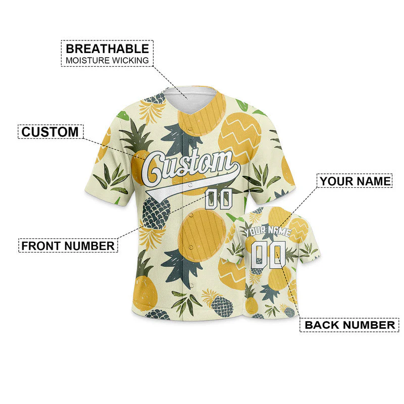 Custom Cream Gold-White 3D Pattern Design Pineapple Authentic Baseball Jersey