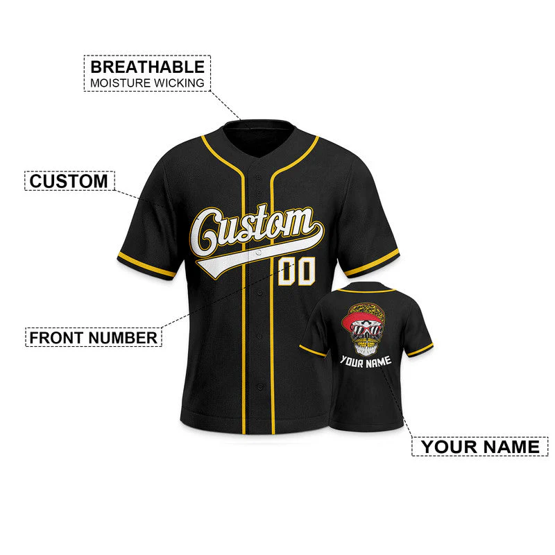 Custom Black Black-Old Gold Authentic Skull Fashion Baseball Jersey