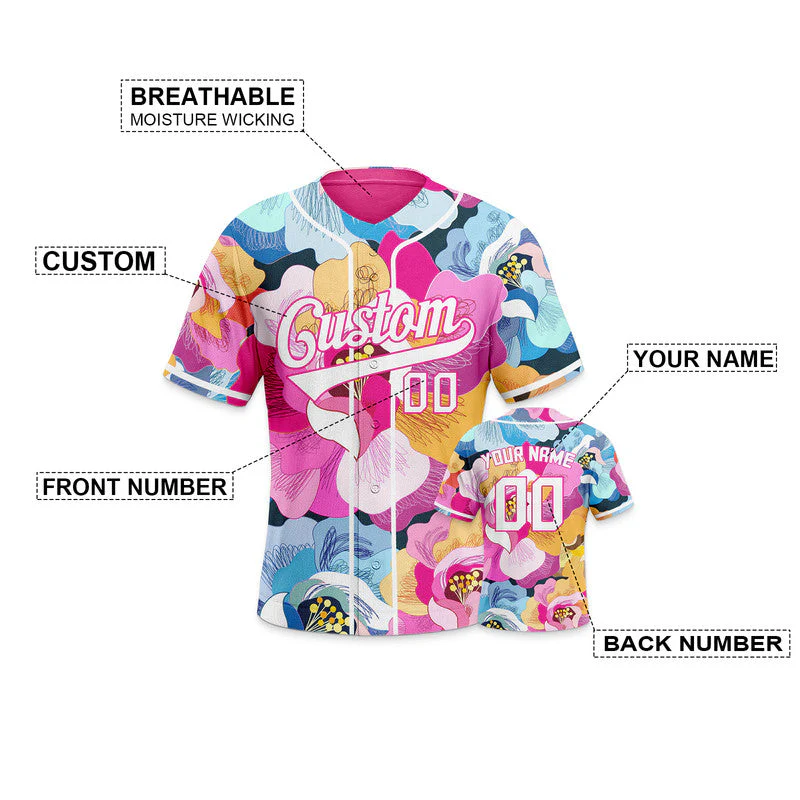 Custom Pink White-Pink 3D Pattern Design Flowers Authentic Baseball Jersey