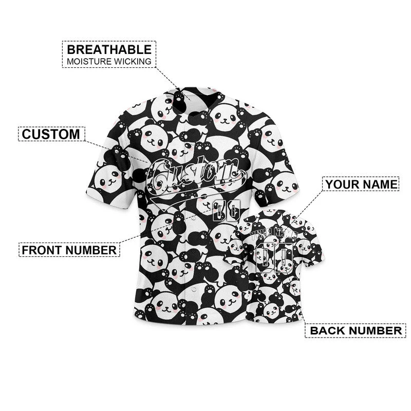 Custom Black White 3D Pattern Design Panda And Peacock Authentic Baseball Jersey